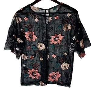 Chroma Tale Los Angeles Burnout Embroidered Mesh Sheer Short Sleeve Shirt XL